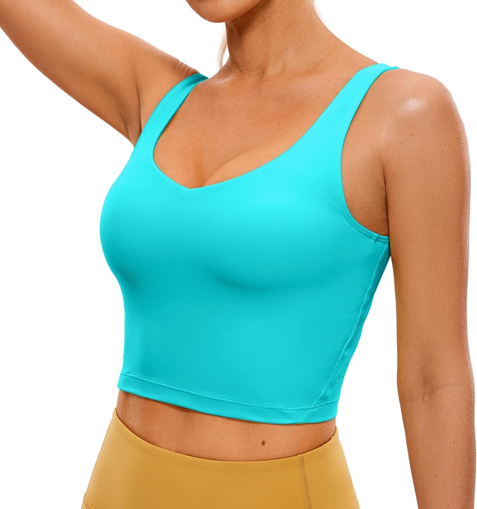 CRZ YOGA Butterluxe Womens V Neck Longline Sports Bra - Padded Workout Crop Tank Top with Built in Bra