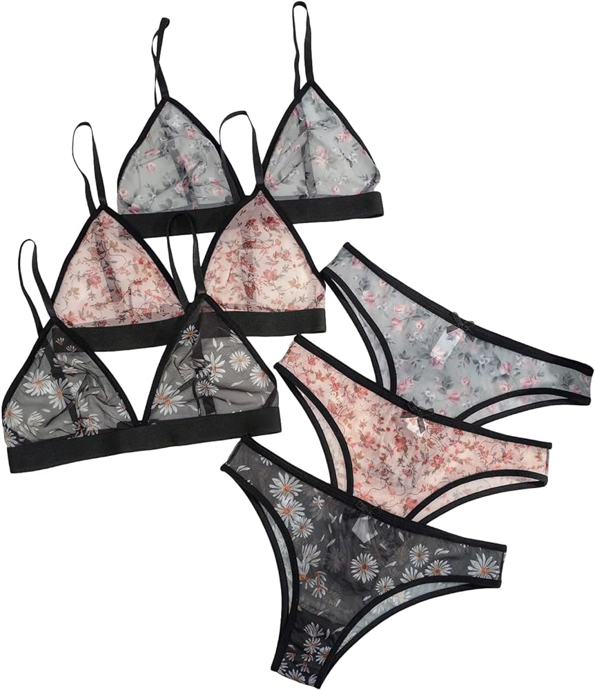 Women's 3 Pack Floral Print Mesh Lingerie Set Wireless Low Rise Bra and Panty Set