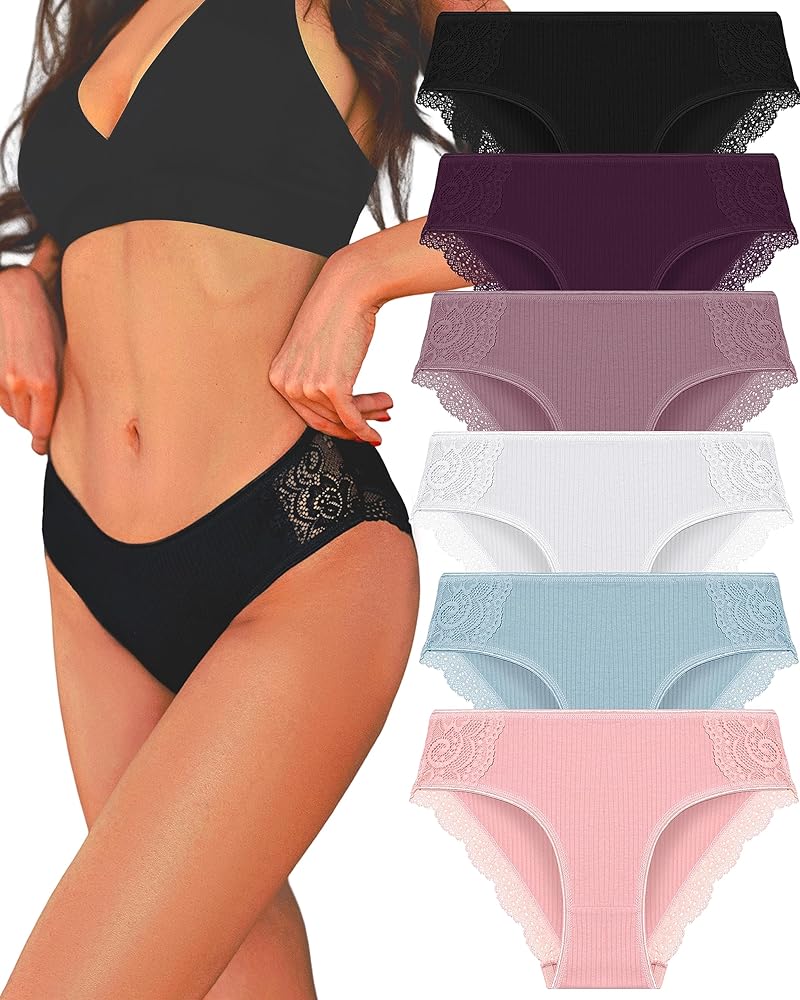 FINETOO Womens Cotton Underwear Sexy Lace Bikini Panties Low Rise Soft Stretch ladies Cotton Cheeky Hipster 6 Pack