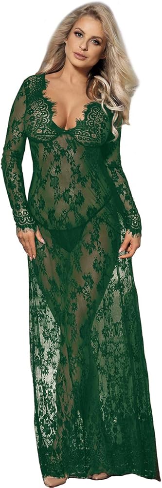 ohyeah Plus Size Long Gown Lingerie Floral Lace Nightgown Lace Maxi Maternity Dress Big Size Long Sleeve Chemise