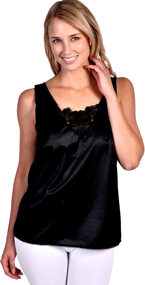 Patricia Lingerie Women's Soft Silky Satin Under Blouse Sleeveless Camisole with V-Neck Floral Lace Trim and Wide Straps