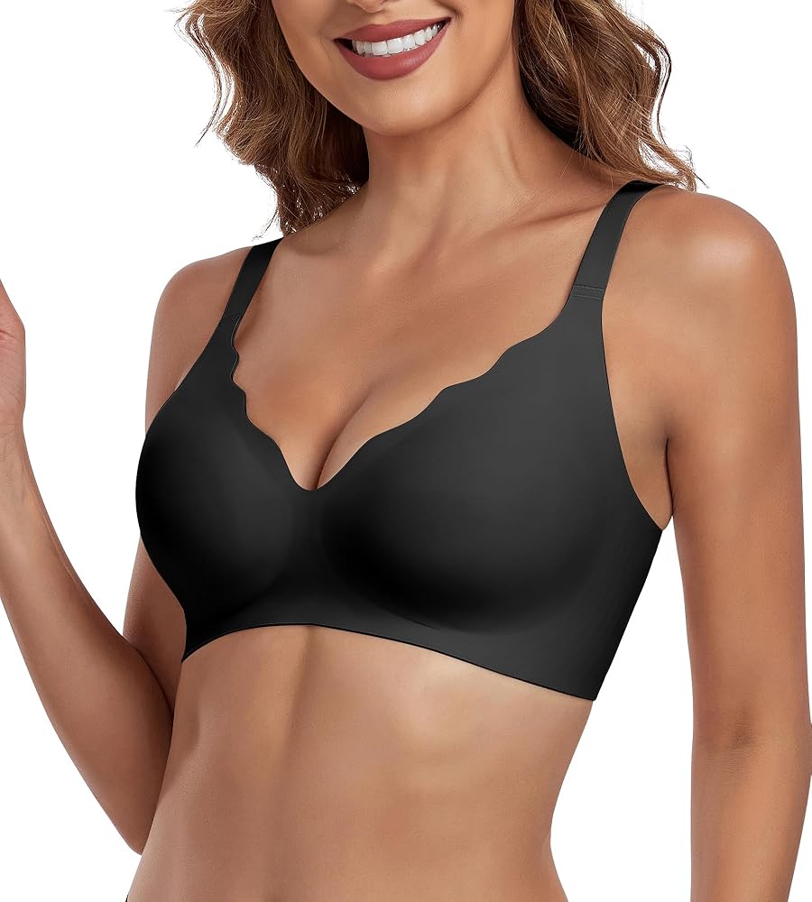 Womens Wireless Comfortable Bra Seamless Bras No Underwire Push Up Deep V Scalloped Bralettes with Support