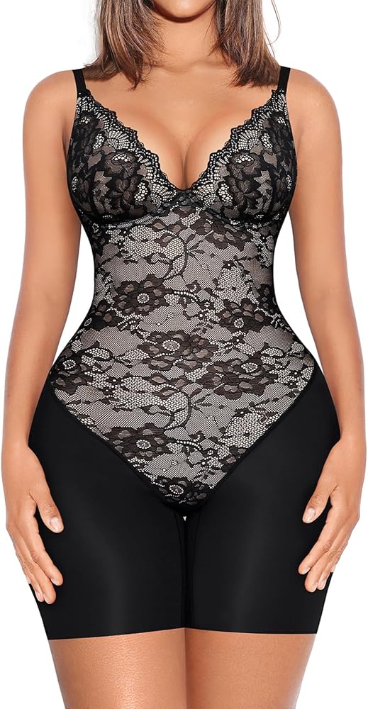 FeelinGirl Lace Bodysuit for Women Tummy Control Shapewear Bodysuit Tops V Neck Corset Body Suit Mid Thigh Body Shaper