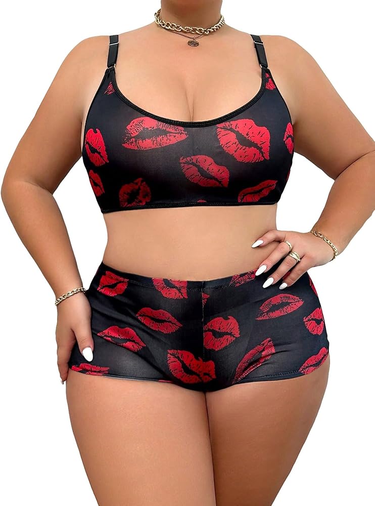 SOLY HUX Women's Plus Size Lip Print Lingerie Set Bra and Panty Underwear Sets