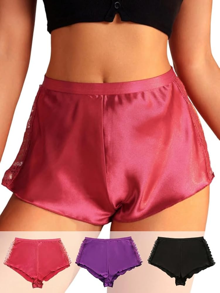 MakeMeChic Women's 3 Pack Satin Panties Silk Lace Split Underwear