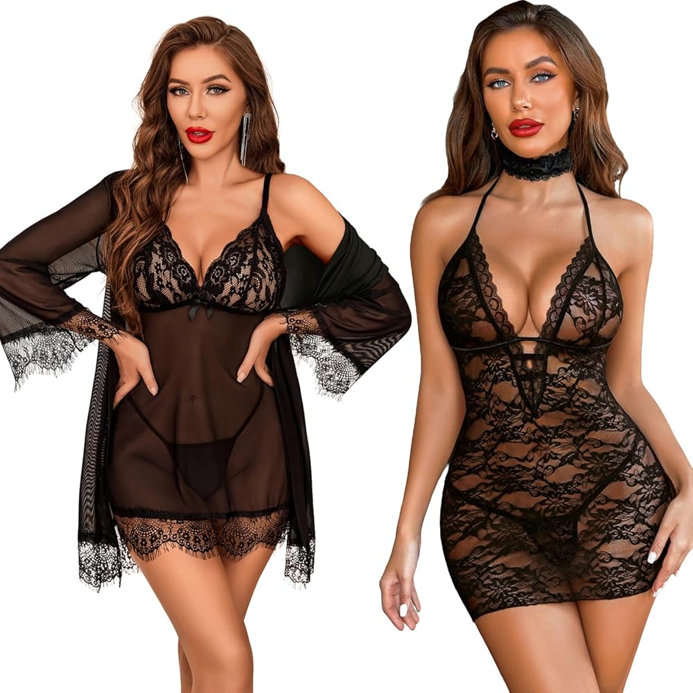 Avidlove Mesh Robe Sets Lace Babydoll Lingerie Dress (Black,M)