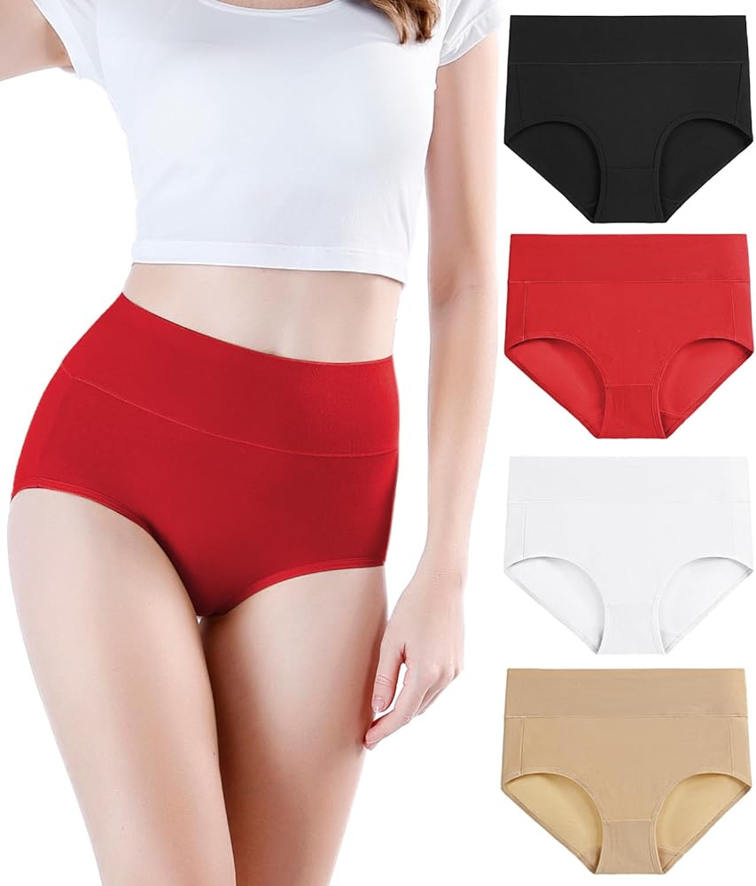 wirarpa Women's Cotton Underwear High Waisted Ladies Panties Full Coverage Briefs 4 Pack (Regular & Plus Size)