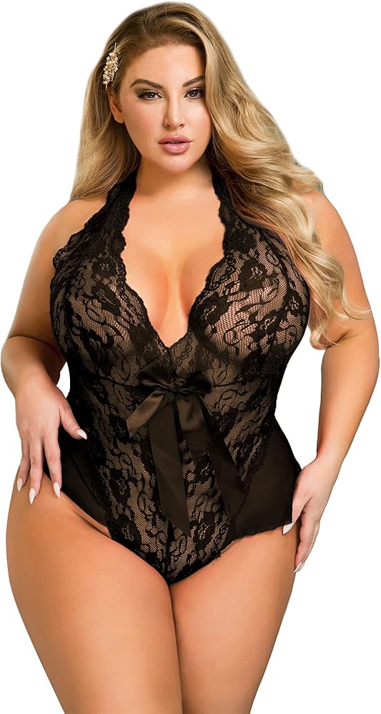 ohyeahlady Plus Size Women Lingerie Teddy Sexy Lace One Piece Deep V Neck Babydoll Mesh Halter Nighty Sleepwear M-4XL