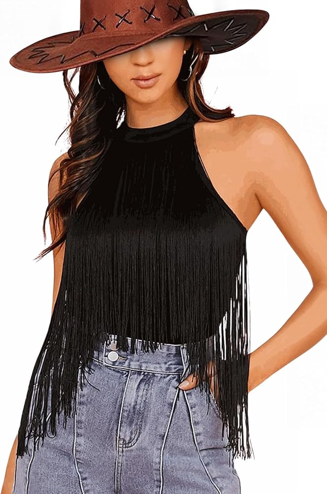 Ella Lust Women Western Fringe Bodysuit - Cowgirl Country Concert Outfit Boho Tassel Hem High Cut Skinny Festival Tank Top