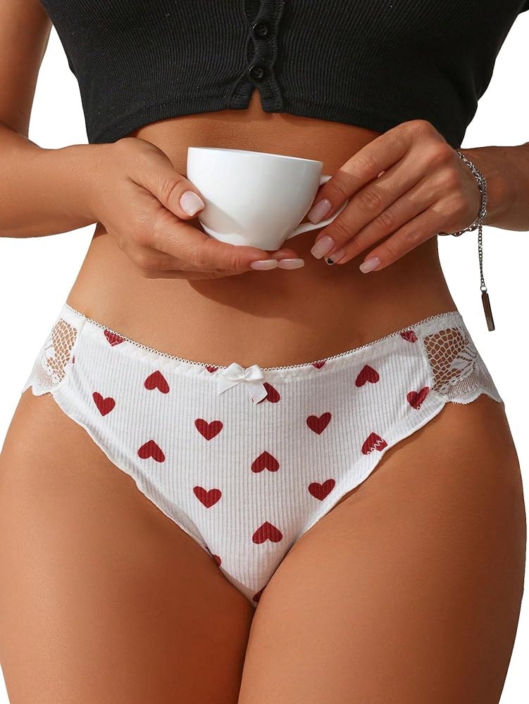 SOLY HUX Women's Contrast Lace Heart Print Panties Bow Front Brief Underwear Panty