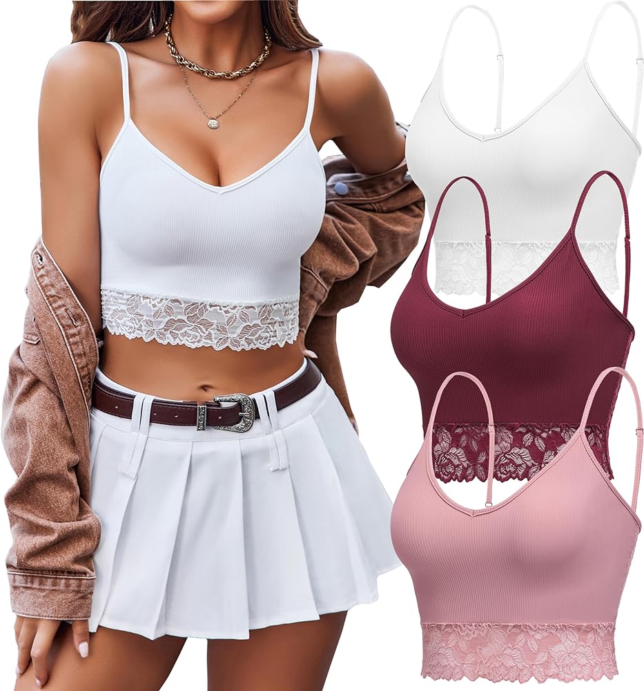 Avidlove 3 Pack Women's Lace Camisole V Neck Lace Bralettes Crop Tops Half Cami Top Lace Bandeau Tank Tops