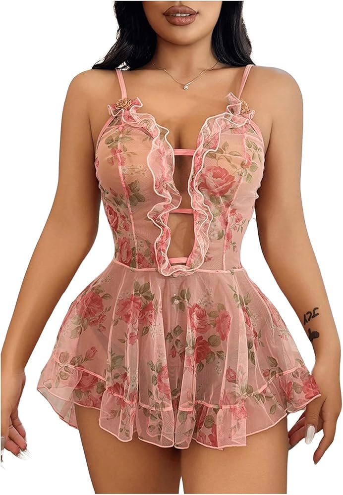 Women's Babydoll Lingerie Floral Mesh Frill Ruffle Babydoll Lingerie Dress Chemise Nightgown