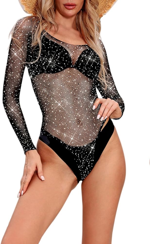 LUCKELF Women's Black Fishnet Bodysuit Sparkle Rhinestone Top Lingerie Thong Bodysuit