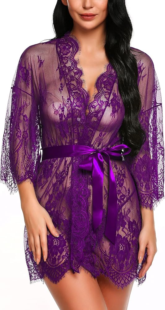 Ababoon Women Lingerie Robe Lace Kimono Bathrobes Sexy Nightgowns Babydoll Mini V Neck Nighty Sleepwear S~4XL