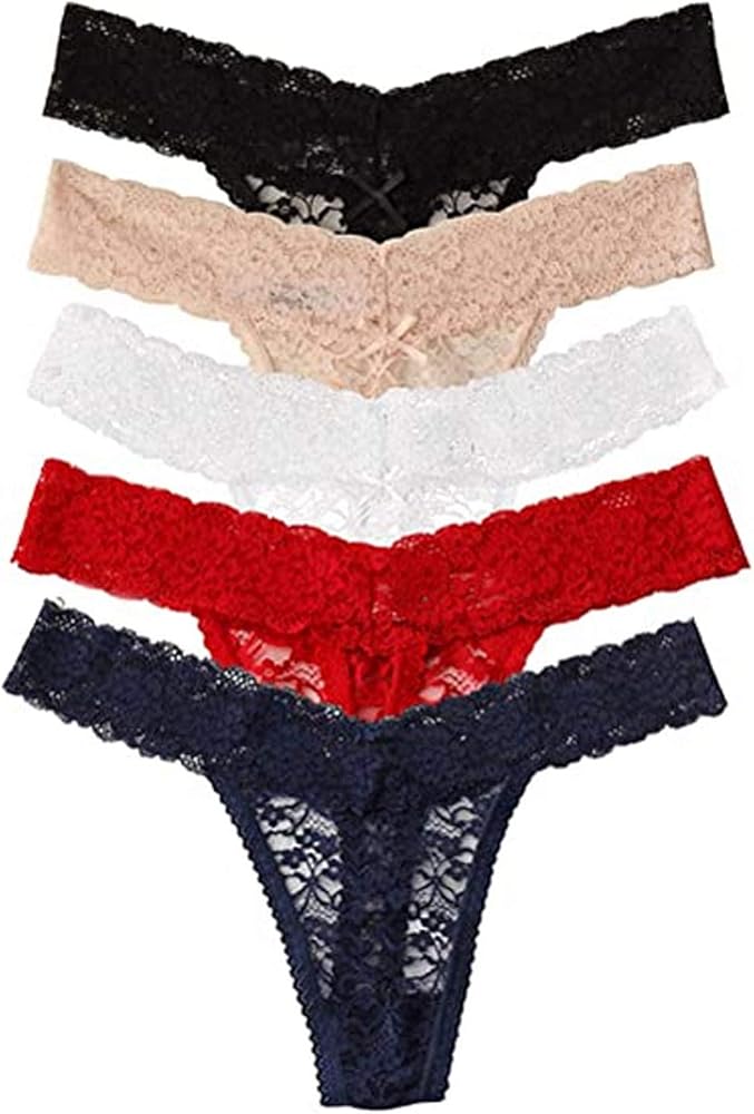 Women's Sexy Lace Cheeky Thong Underwear Nylon Hipster See Through Panties Pack of 5