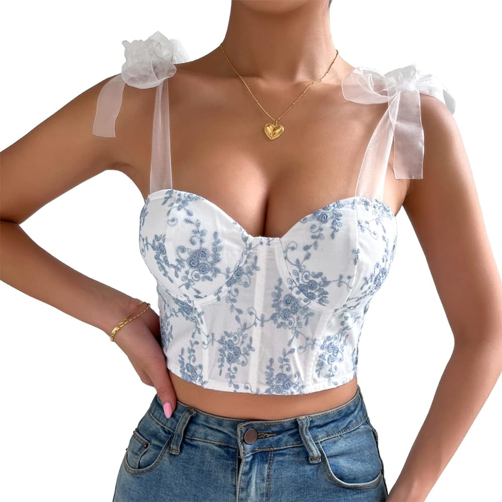 Women's Floral Lace Cami Crop Top Spaghetti Strap Sheer Mesh Corset Bustier Tops Bralette