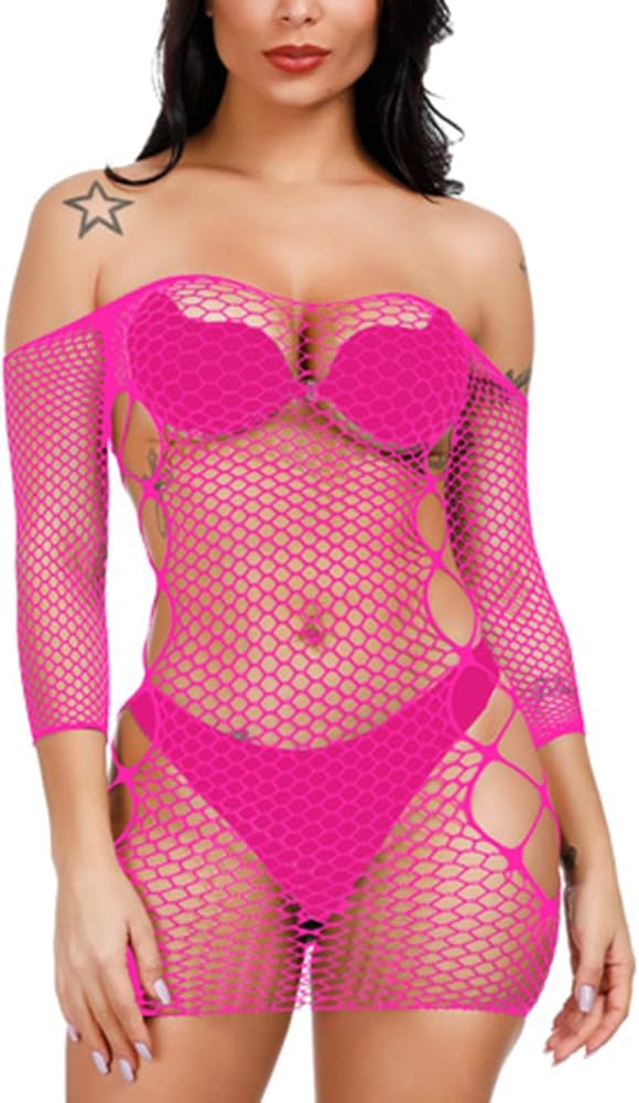 Women Fishnet Lingerie Babydoll Halter Stretch Chemise Bodysuit One Size Mini Dress