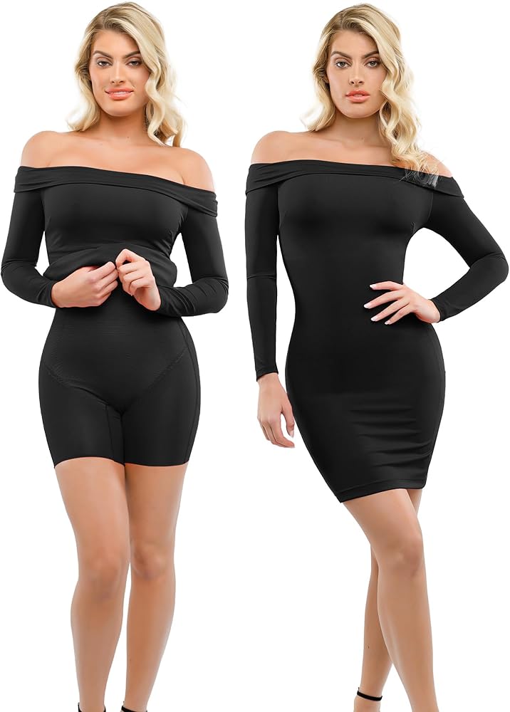 Popilush The Shapewear Dress Off Shoulder Bodycon Mini Dress with Built in Shapewear Long Sleeve Dresses for Women 2024