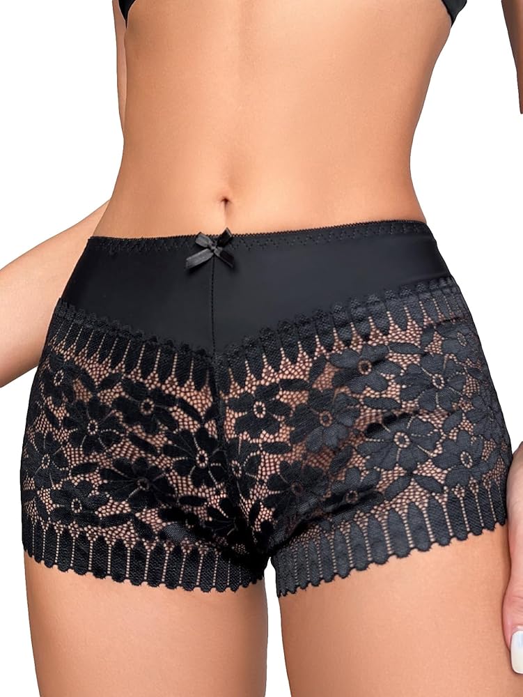 OYOANGLE Women's Sheer Floral Lace Bow Front Boyshorts Panty Mid Rise Breathable Underwear