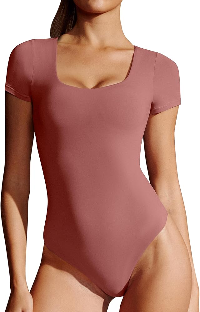 Ewedoos Bodysuits for Women Tummy Control Double Lined Short Sleeve Bodysuit Scoop Neck Body Suits Tops