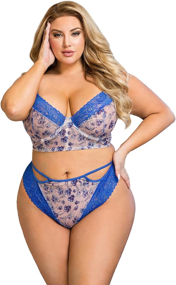 Bra & Panties Set Plus Size Sexy 5 Piece Floral Lace Underwire Lingerie for Women Blue, 34R810781119, 3X-4X