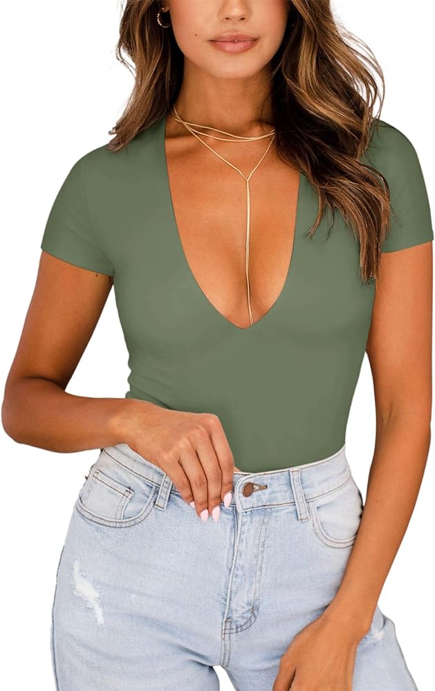 REORIA Women's Sexy Trendy Plunge Deep V Neck Short Sleeve Bodysuit Double Lined Going Out T Shirt Tops