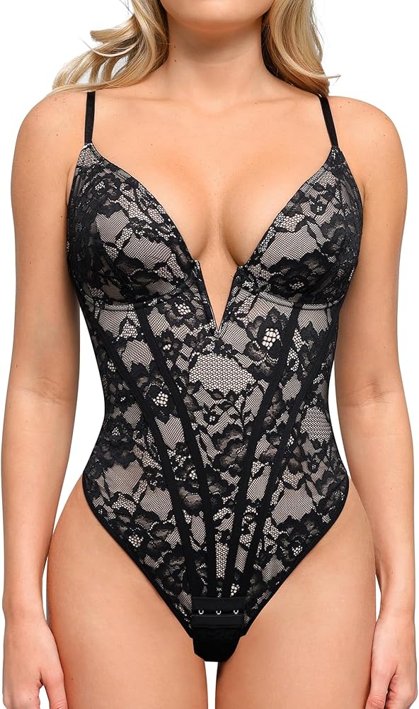 Popilush The Shapewear Bodysuit for Women - Deep V Neck Sleeveless Lace Corset Bodysuit Tummy Control Tank Tops