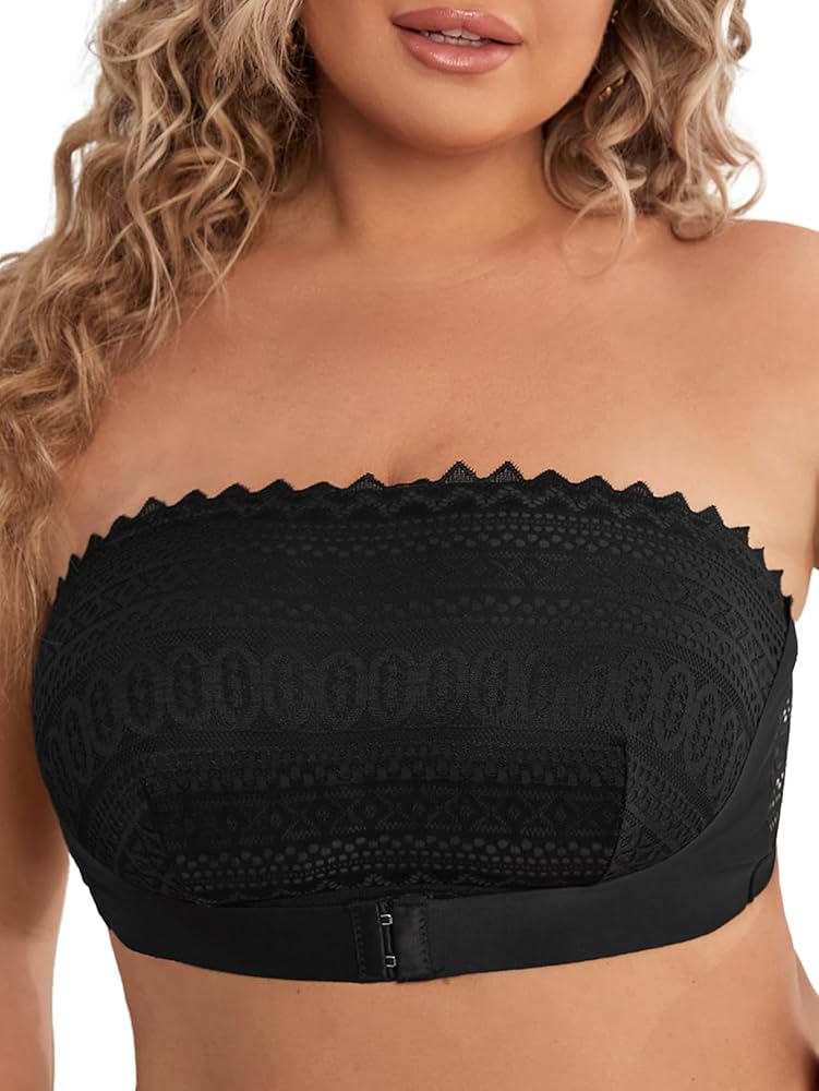 OYOANGLE Women's Plus Size Contrast Lace Front Buckle Strapless Bra Wireless Invisible Bandeau Bralette