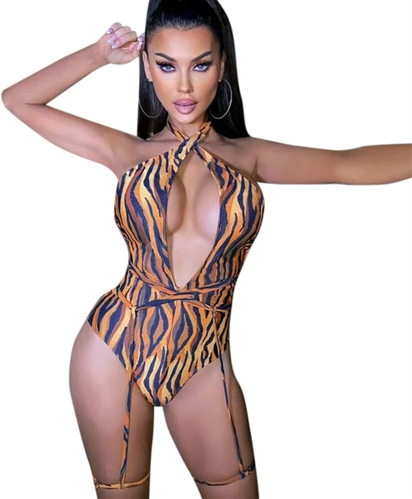 Women Rave Sexy Snakeskin Print Swimsuit Deep-V Monokini Bathing Suit for Dance