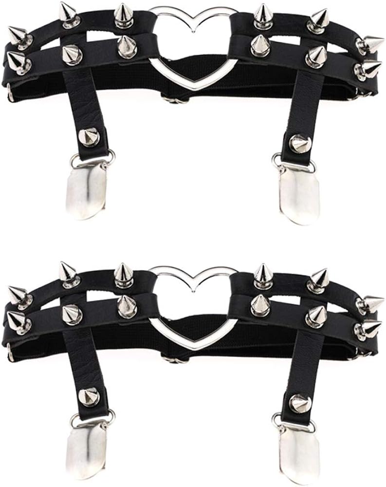 2PCS Gothic Studded Heart Garters Leg Ring Leg Elastic Punk Harness Garter Belt Adjustable Suspender with 2 Metal Clips – Black