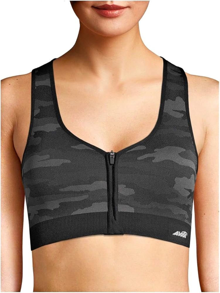 Women's Sports Bra (Black Camo Medium Support Zipfront, LG 12-14)