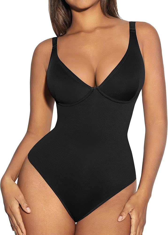 FeelinGirl Shapewear Bodysuits for Women Tummy Control Body Suits Deep V Neck Thong Body Shaper