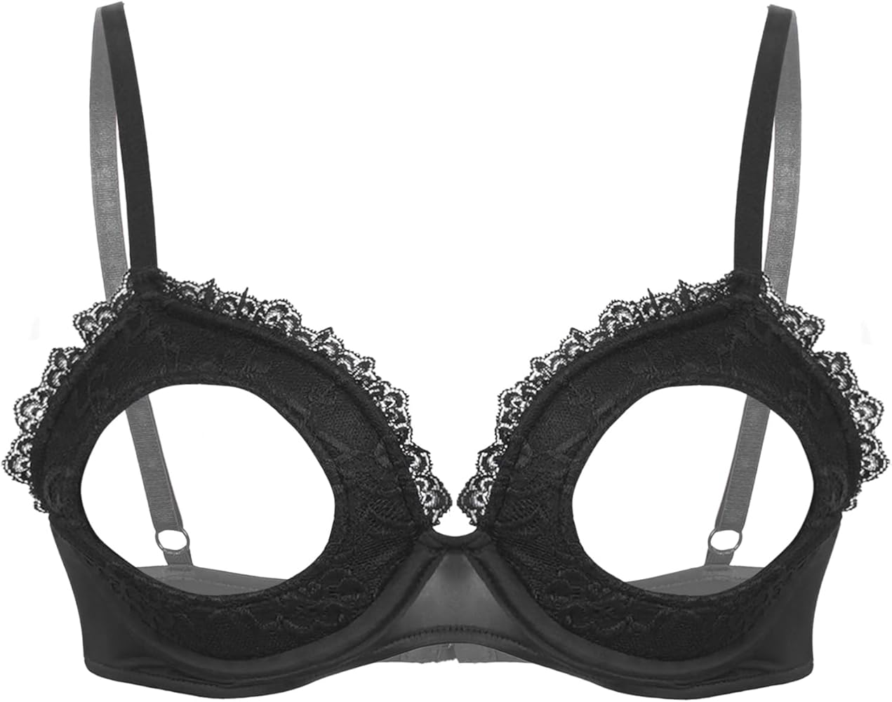 dPois Womens Padded Underwire Bra Tops Nightclub Open Nipple Bralette Nightwear Balconette