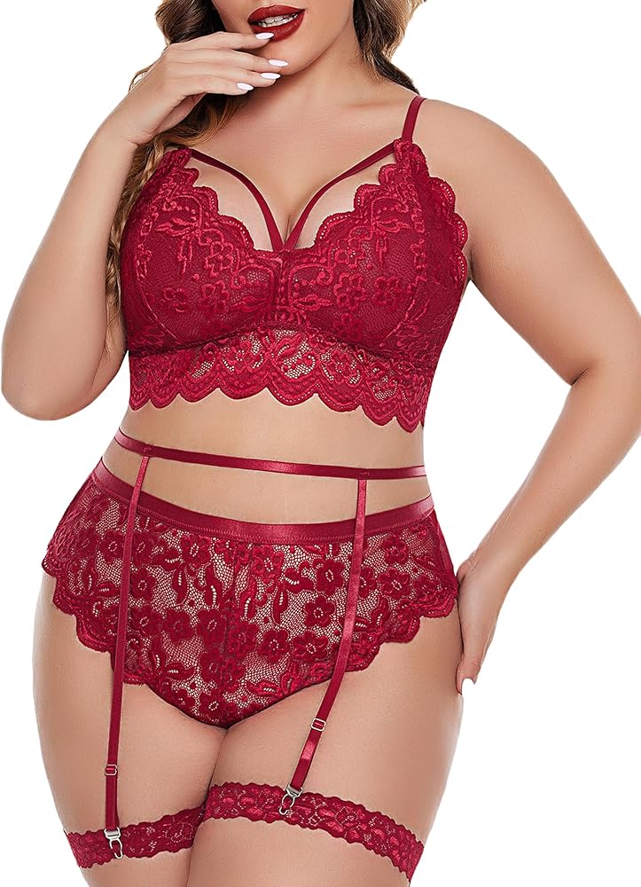 Avidlove Plus Size Lingerie for Women Floral Lace Scallop Trim Bra High Waist Panties Set Garter Lingerie Set