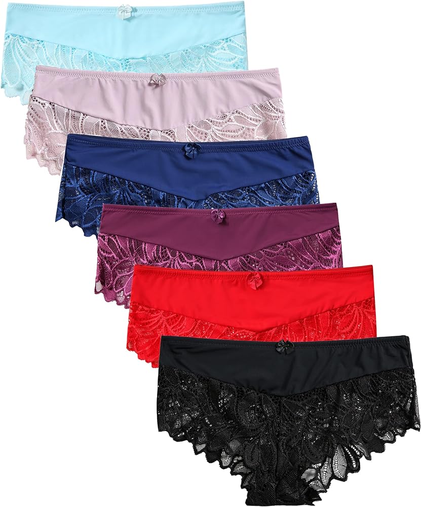 6 Pack of Lace Panties for Women, Soft Stretch Hipster, Sexy Cheeky Underwear, Regular & Plus Sizes, S-5XL