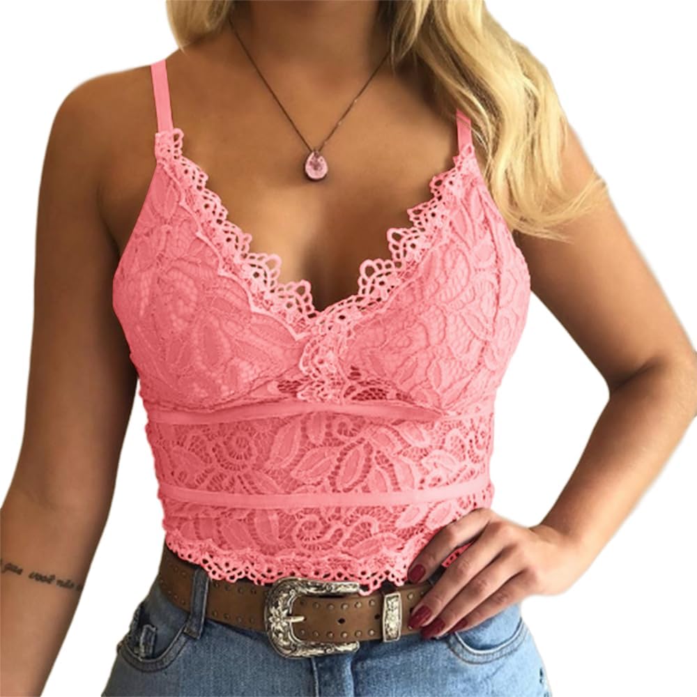 Koinshha Women's Soft Casual Lace Crochet Spaghetti Strap Cami Crop Top Camisole