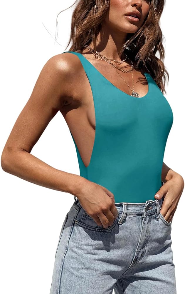 REORIA Women’s Sexy Scoop Neck Backless Sleeveless Double Lined Thong Tank Tops Bodysuits