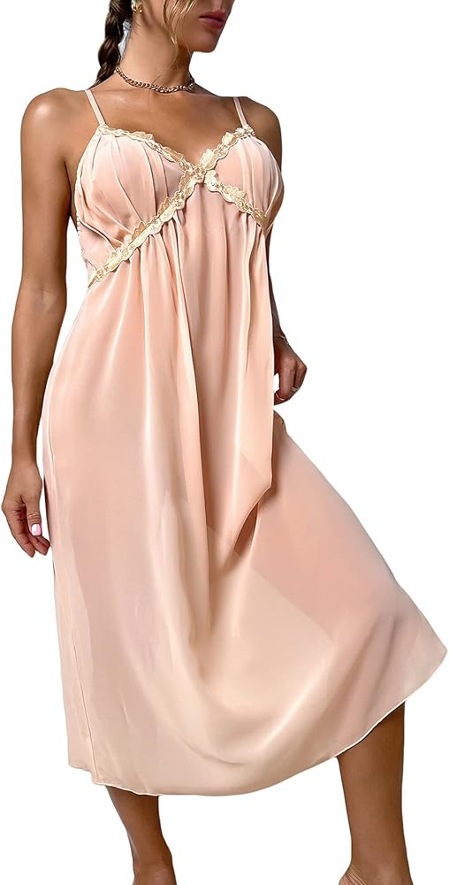 OYOANGLE Women's Full Slips Soft Lace Trim Spaghetti Strap Cami Slip Chiffon Chemises Negligee