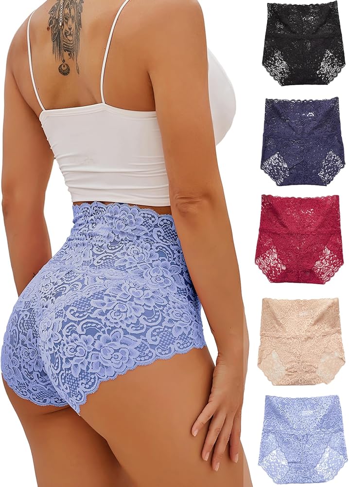 WDIRARA Women's 5 Pack Floral Lace Mesh Scallop Trim Panty Underwear Briefs