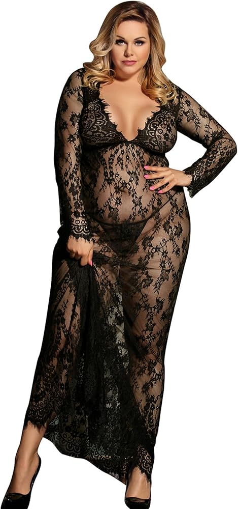 ohyeahlady Plus Size Long Lingerie Set for Womens Lace V Neck Mesh Sexy Nightdress Babydoll Sleepwear Maxi Dress with Thong