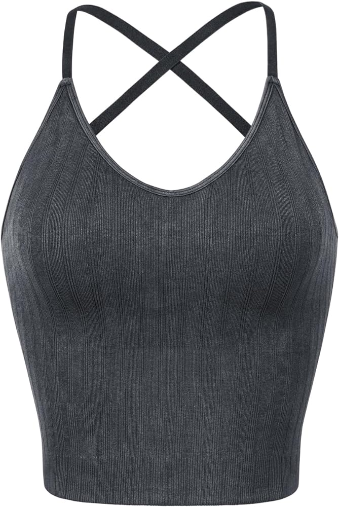 ODODOS Seamless Padded Sports Bra for Women Criss-Cross Back Longline Wirefree Brami Ribbed Crop Tank Tops