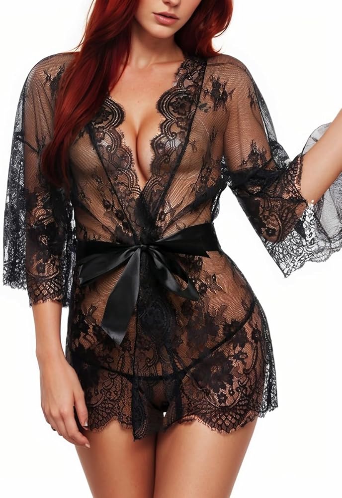 Women's Lace Kimono Robe Babydoll Lingerie Mesh Nightgown for a Sensual Experience Black