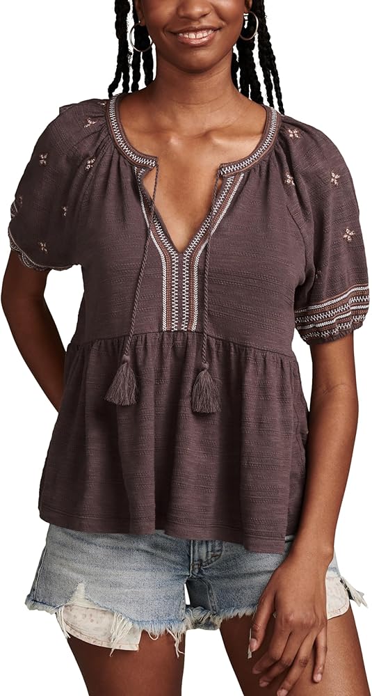 Lucky Brand Women's Easy Embroidered Babydoll Top