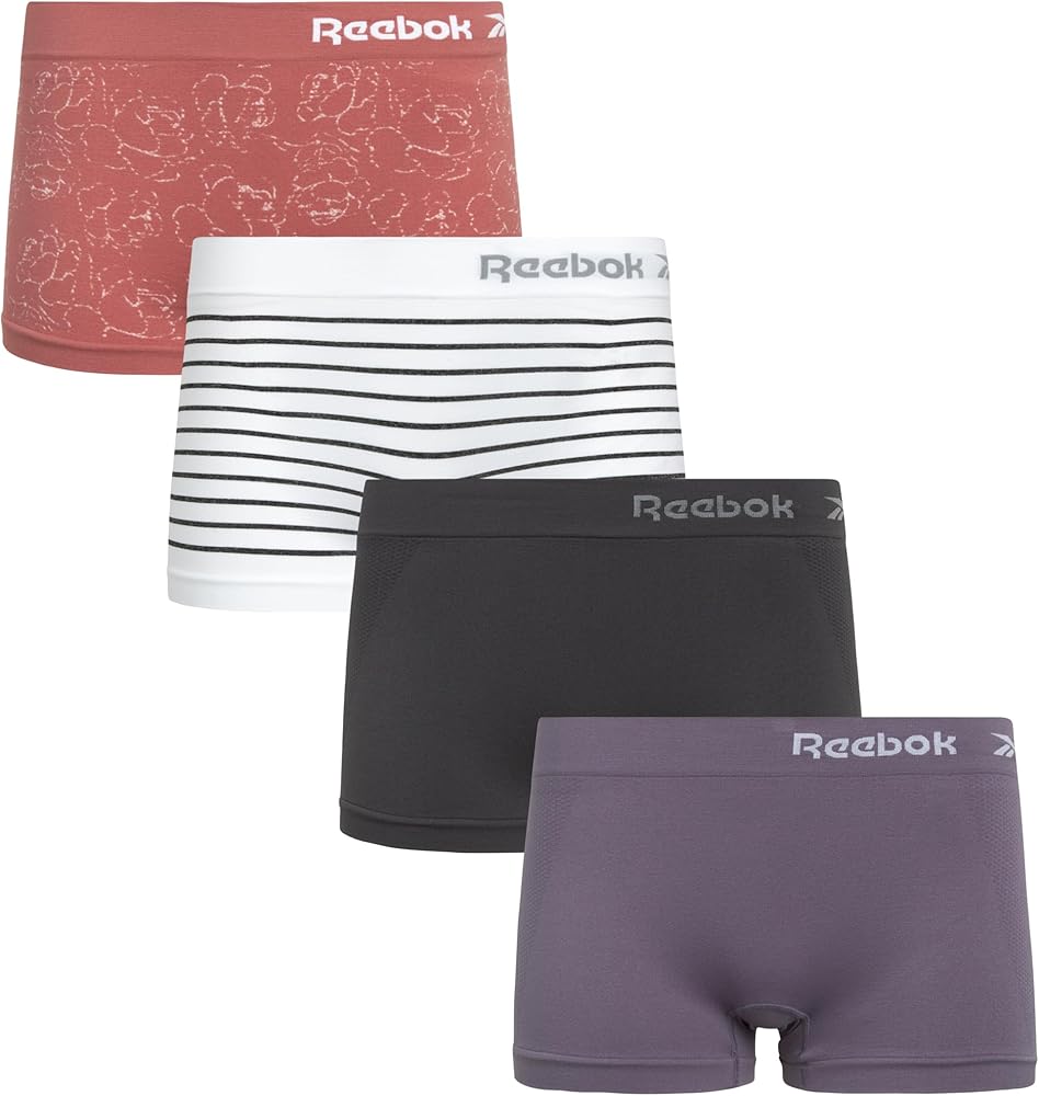 Reebok Women's Boy Shorts Underwear - 4 Pack Stretch Performance Seamless Panties - Boyshorts Panties for Women (S-XL)