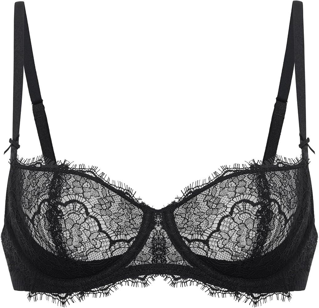 DOBREVA Women's Balconette Sexy Unlined Bra Lace Push Up Plus Size Bras See Through Underwire