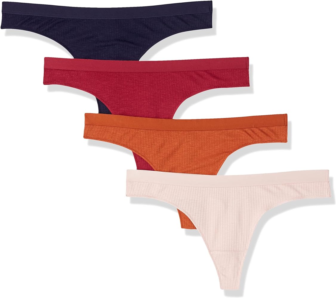 Amazon Essentials Women's Ribbed Cotton Thong Underwear, Pack of 4