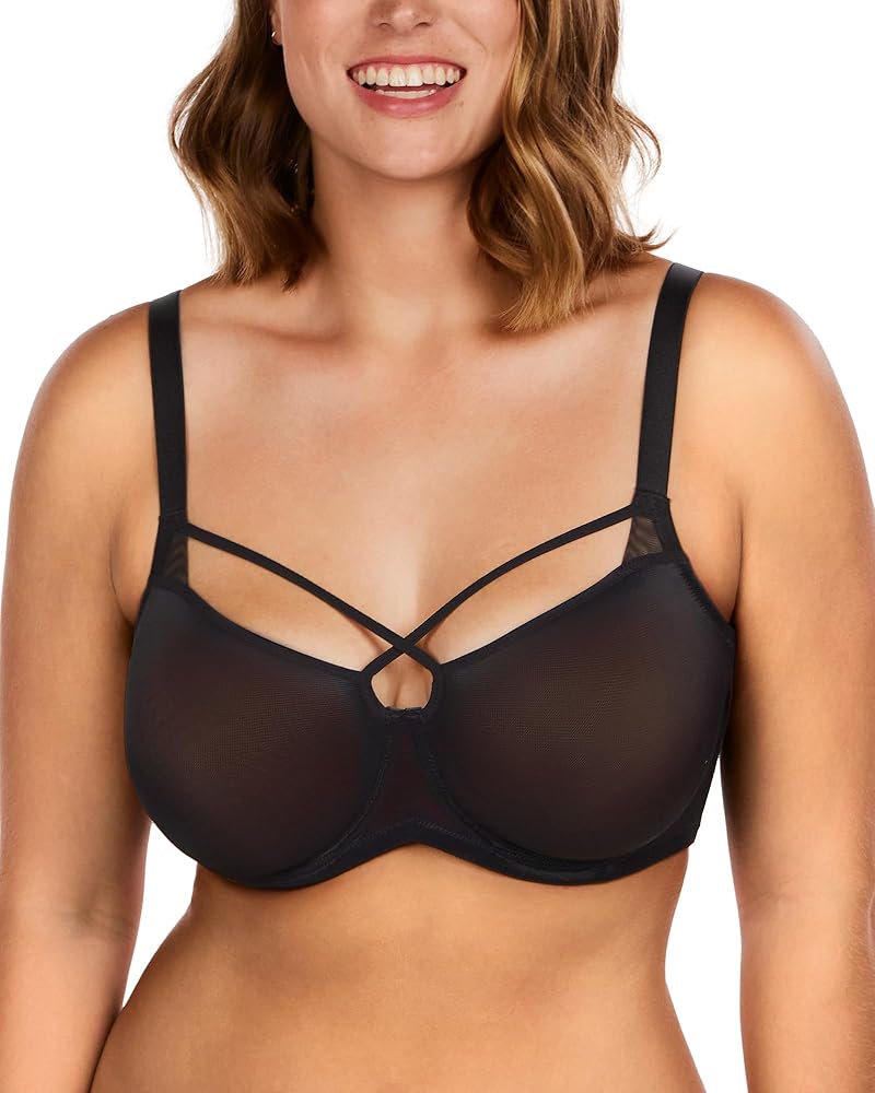 HSIA Women Sheer Mesh Bra, Plus Size Minimizer Bras Underwire Unlined See Through Demi Bras for Large Breast