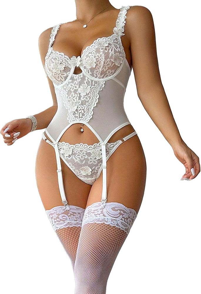 White Lace Bodysuit with Scalloped Trims Women Lingerie Set with Straps and Garter Clips (No Stocking)