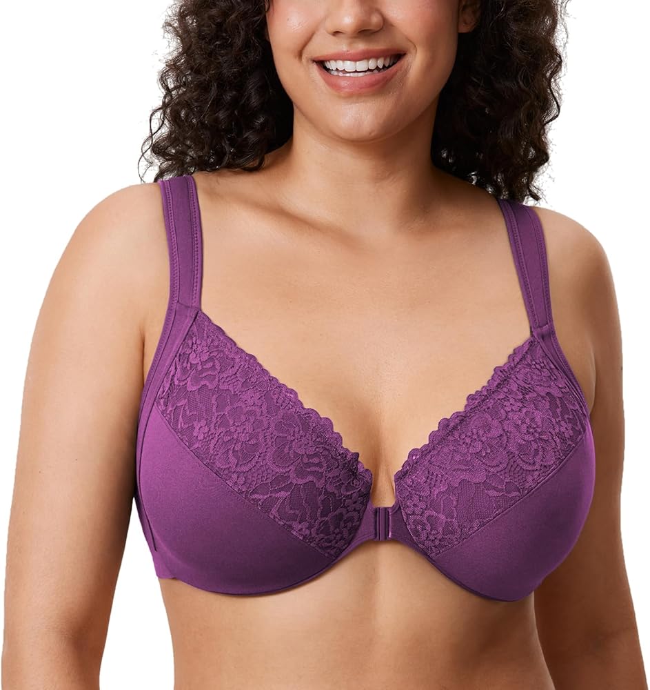 DELIMIRA Women's Front Closure Bras Plus Size Lace Full Coverage Underwire Unlined Bra