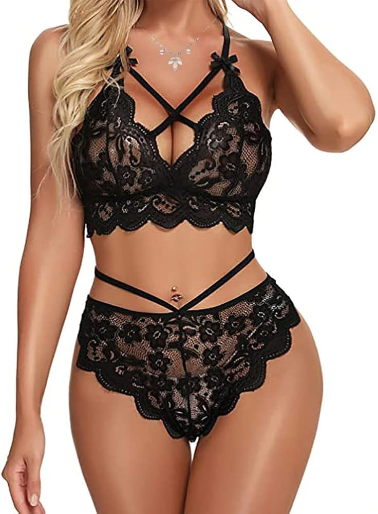 Women Sexy Lingerie See Through Lace Bra and Panties Set Sheer Strappy Underwear 2 Piece Babydoll Outfits Bikini Pajama